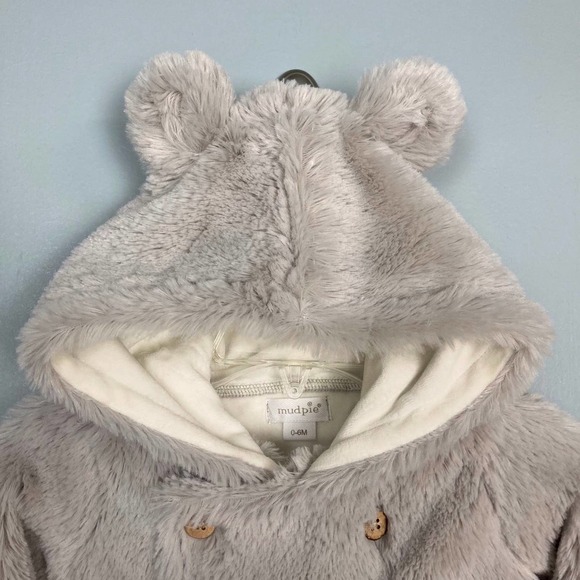 MUD Pie Size Soft Silky Gray Teddy Bear Snowsuit Wooden Buttons Size 0-6 mos - Picture 2 of 12